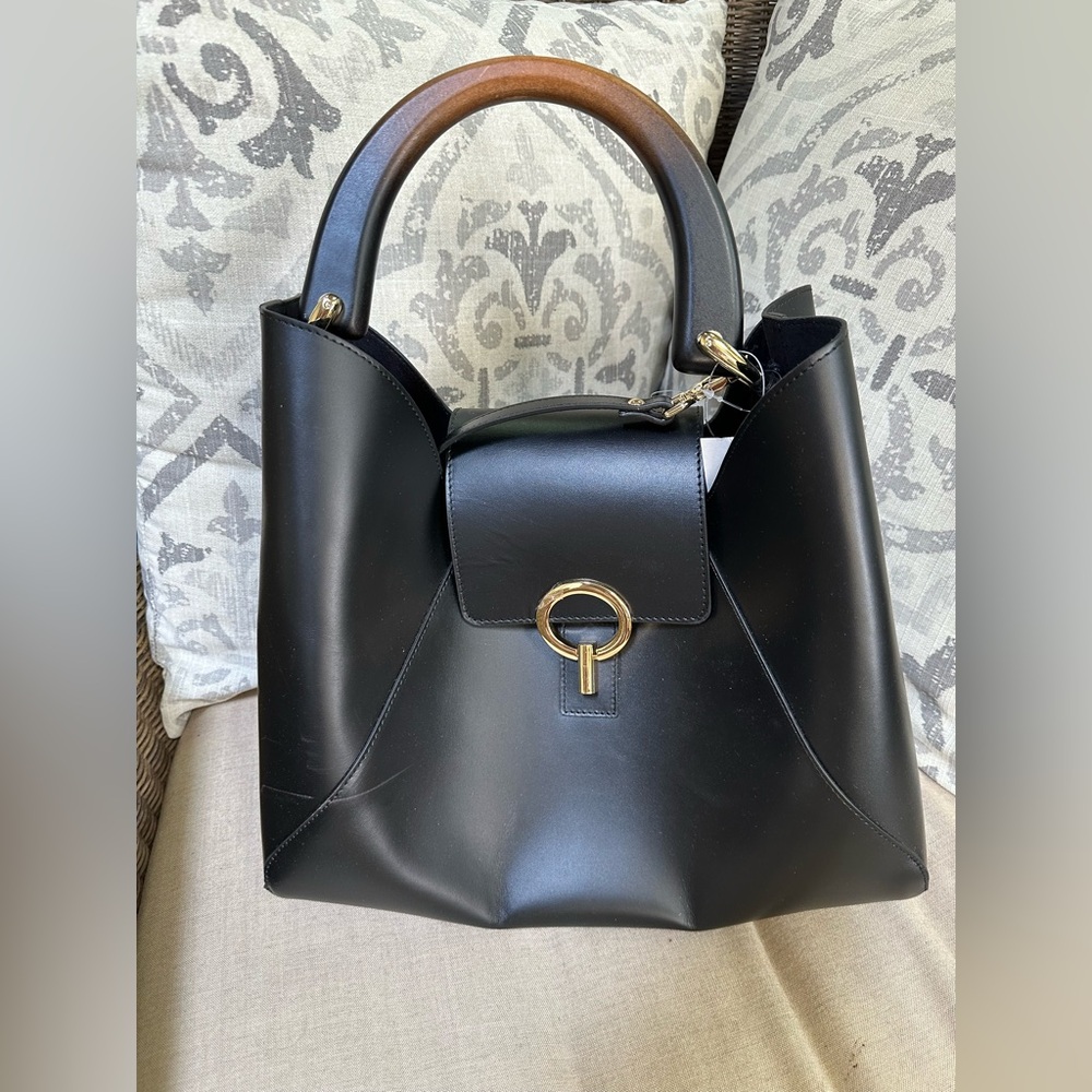 New Claudia Firenze Chic Black Leather tote with shoulder strap  Gold Accent